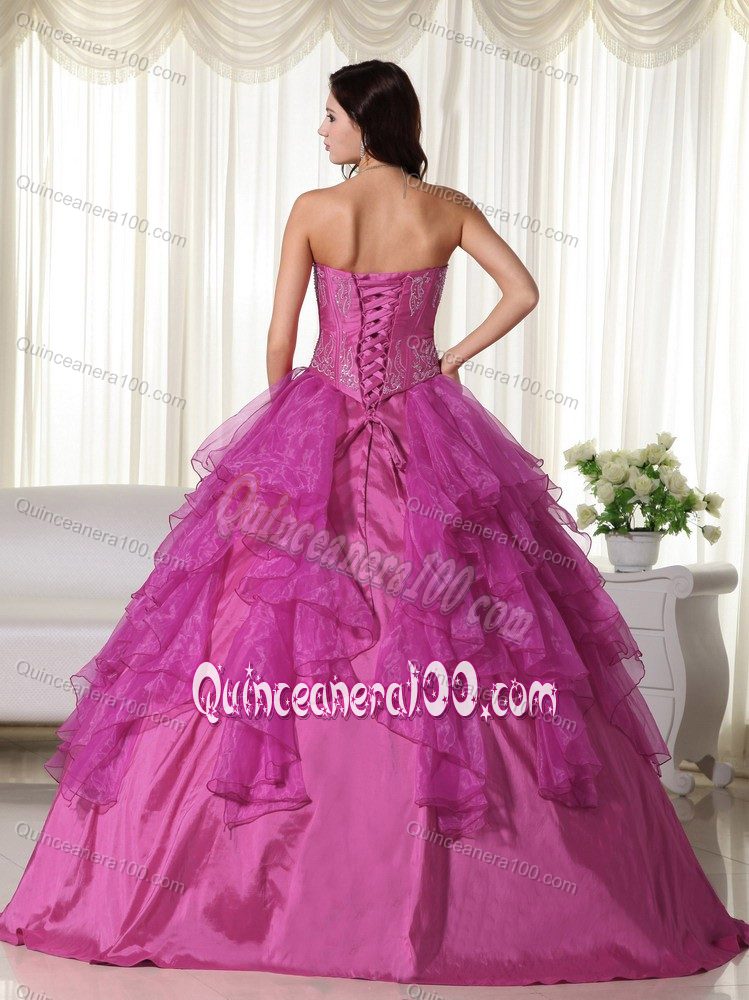 Fuchsia Beading Floor Length Appliques Dress for Sweet 16 Plus