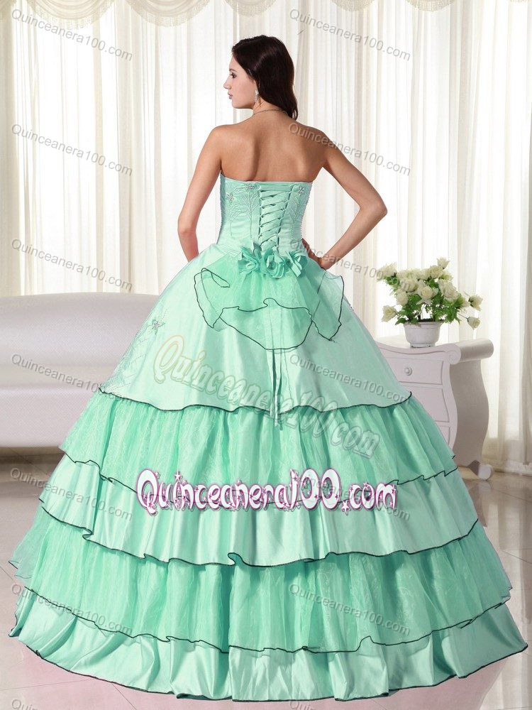 Strapless Apple Green Tiered Hand Made Flowers Quince Dresses