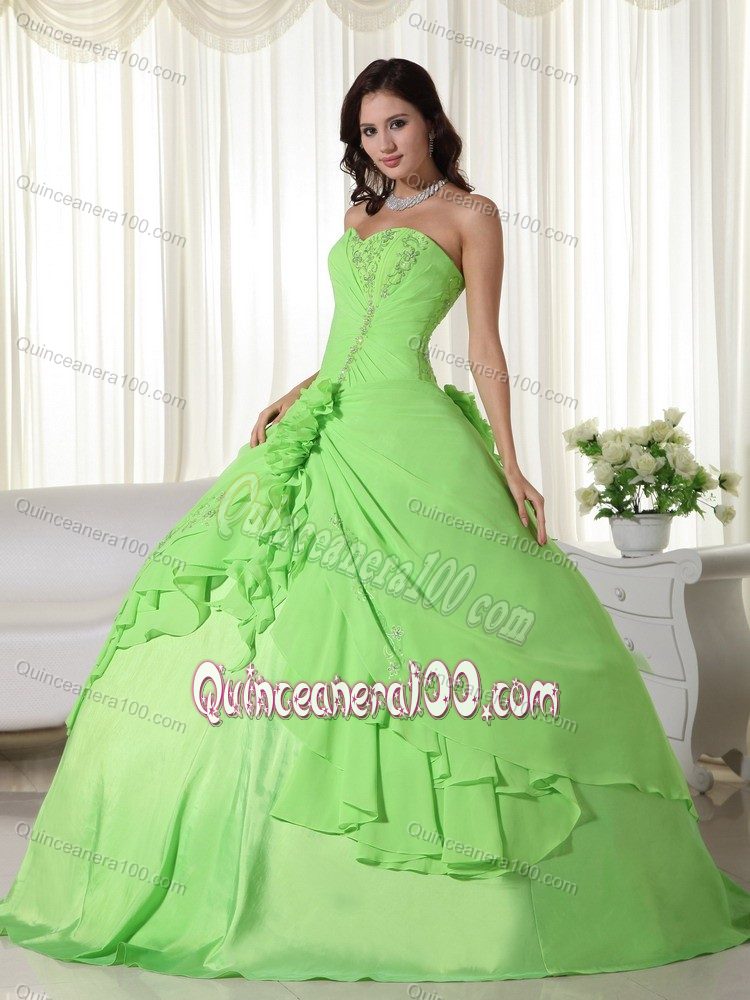 Spring Green Sweet Heart Hand Made Flowers Beaded Sweet 15 Dress