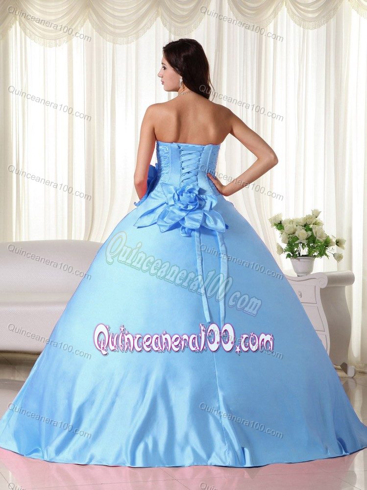 Aqua Blue Strapless Embroidery Hand Made Flowers Dress Quince