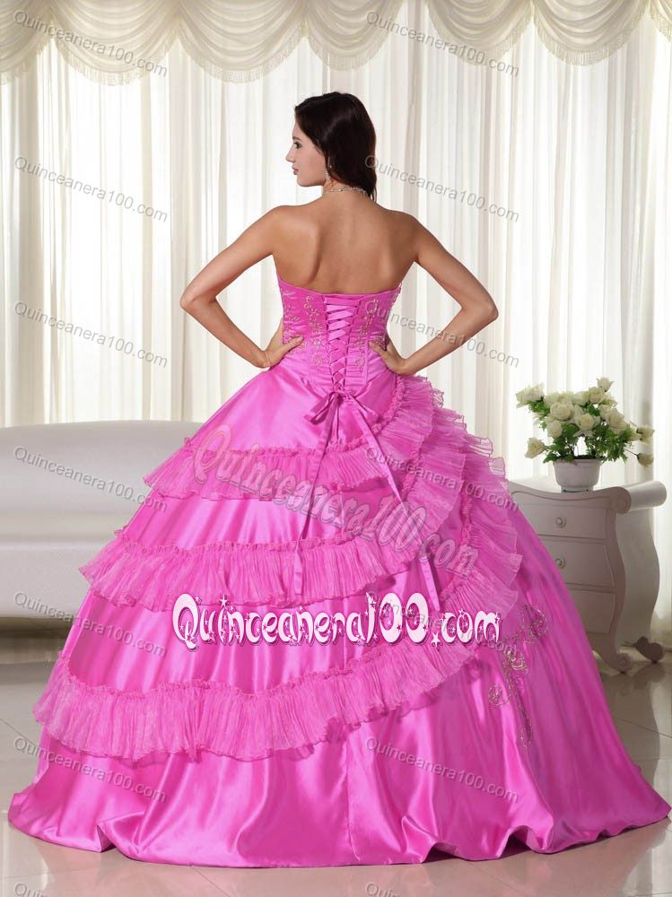 Hot Pink Pleated Strapless Embroidery Sweet 15/16 Birthday Dress