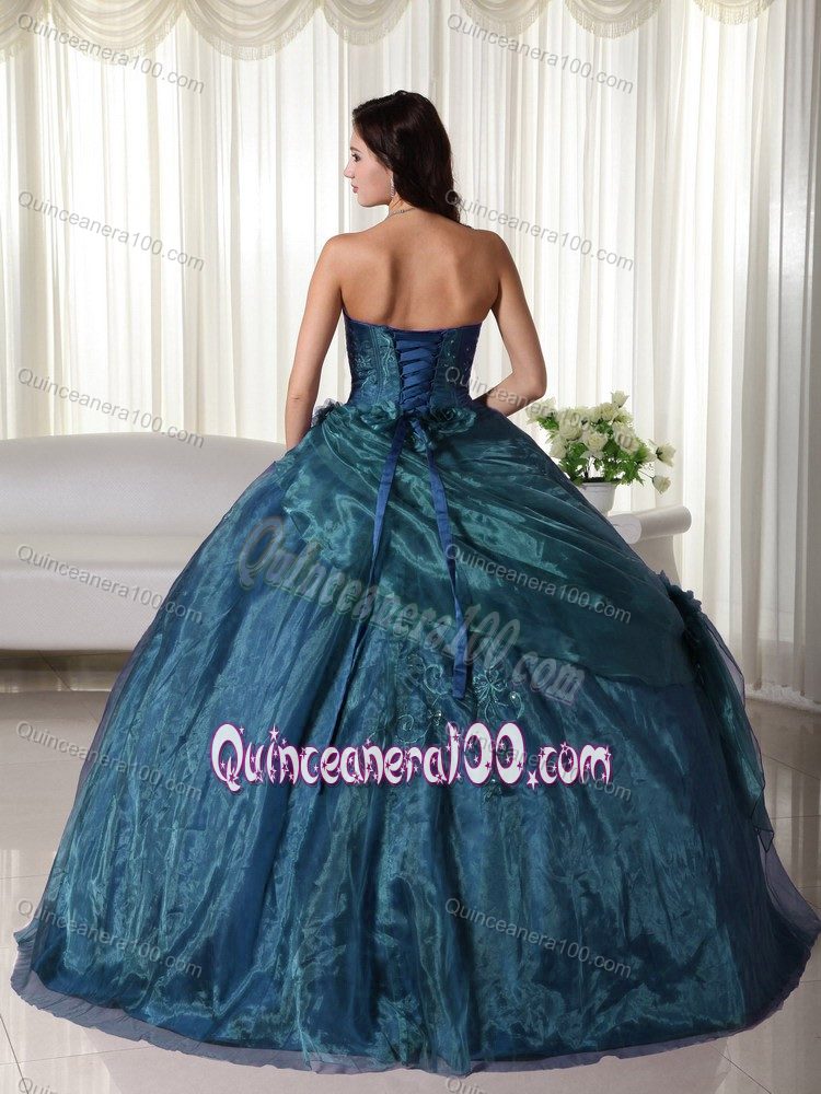 Teal Strapless Ruffled Embroidery Beading Quinceanera Party Dress