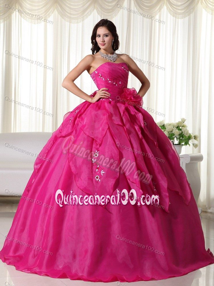 Hot Pink Strapless Appliques Hand Made Flowers Dress for Quince