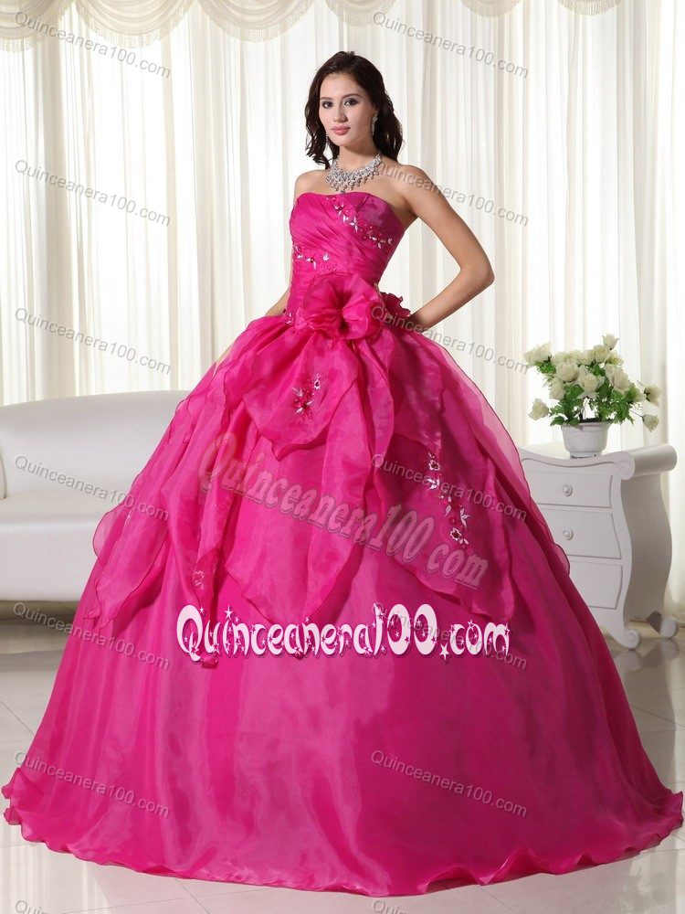 Hot Pink Strapless Appliques Hand Made Flowers Dress for Quince