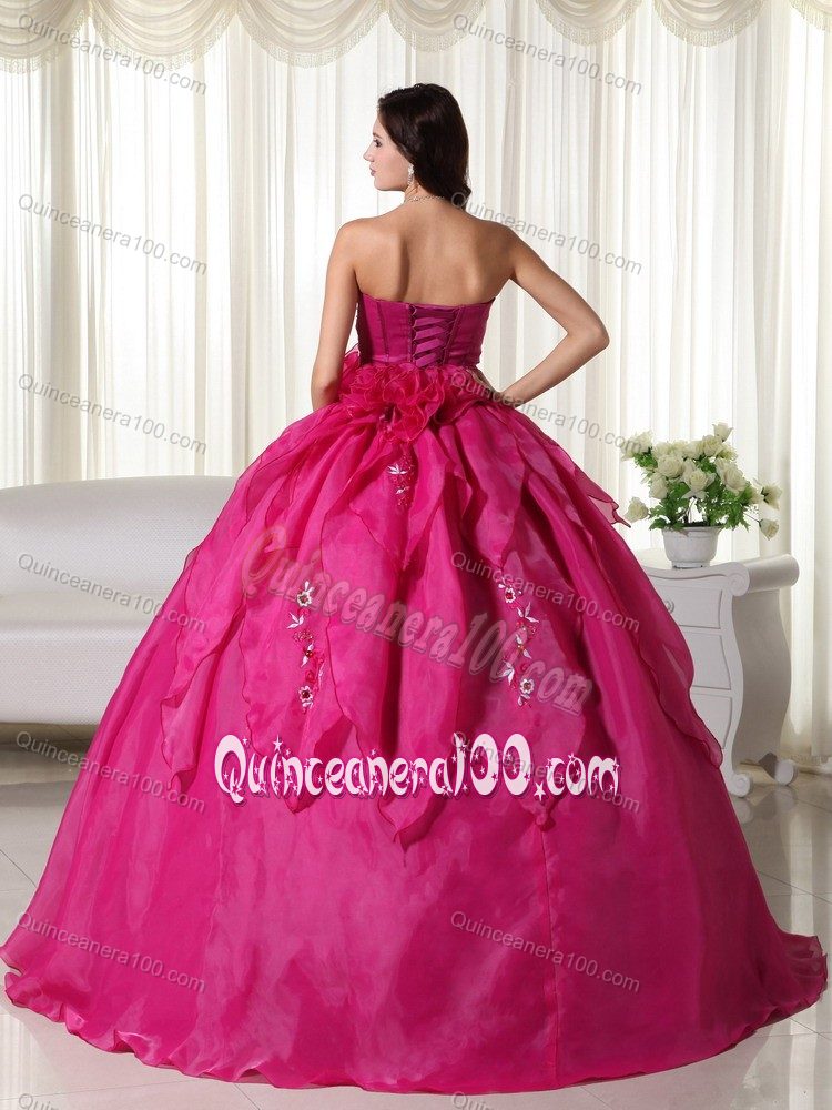 Hot Pink Strapless Appliques Hand Made Flowers Dress for Quince