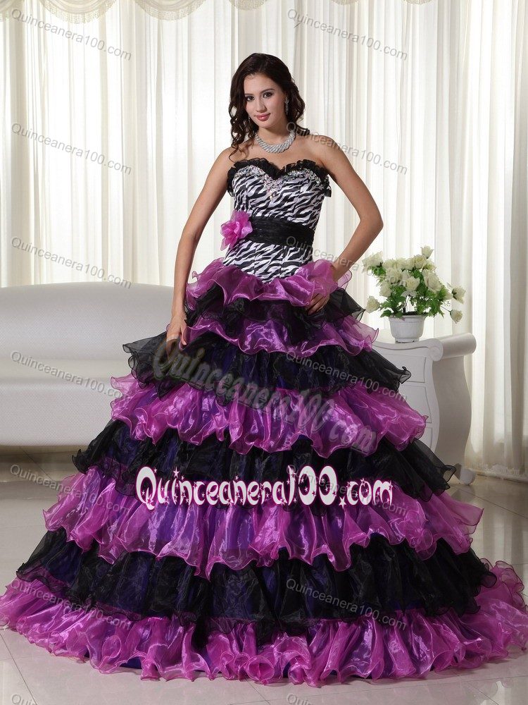 Multi-tiered Colorful Strapless Ruffled Zebra Accent Quince Dresses