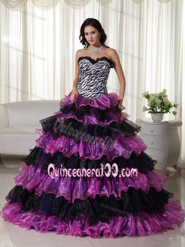 Multi-tiered Colorful Strapless Ruffled Zebra Accent Quince Dresses