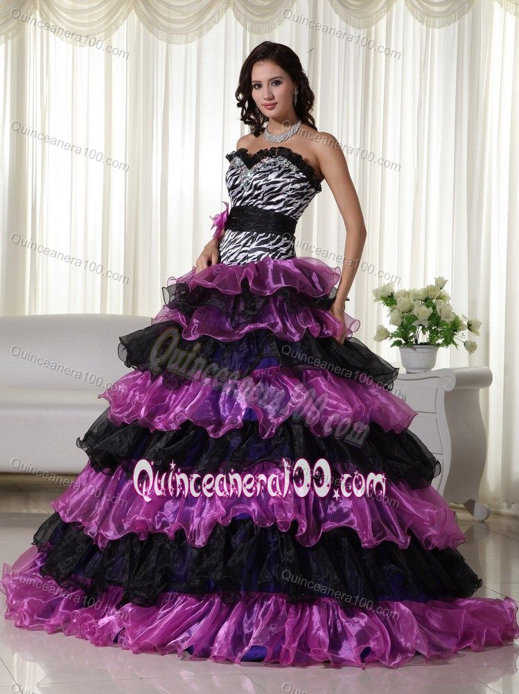 Multi-tiered Colorful Strapless Ruffled Zebra Accent Quince Dresses