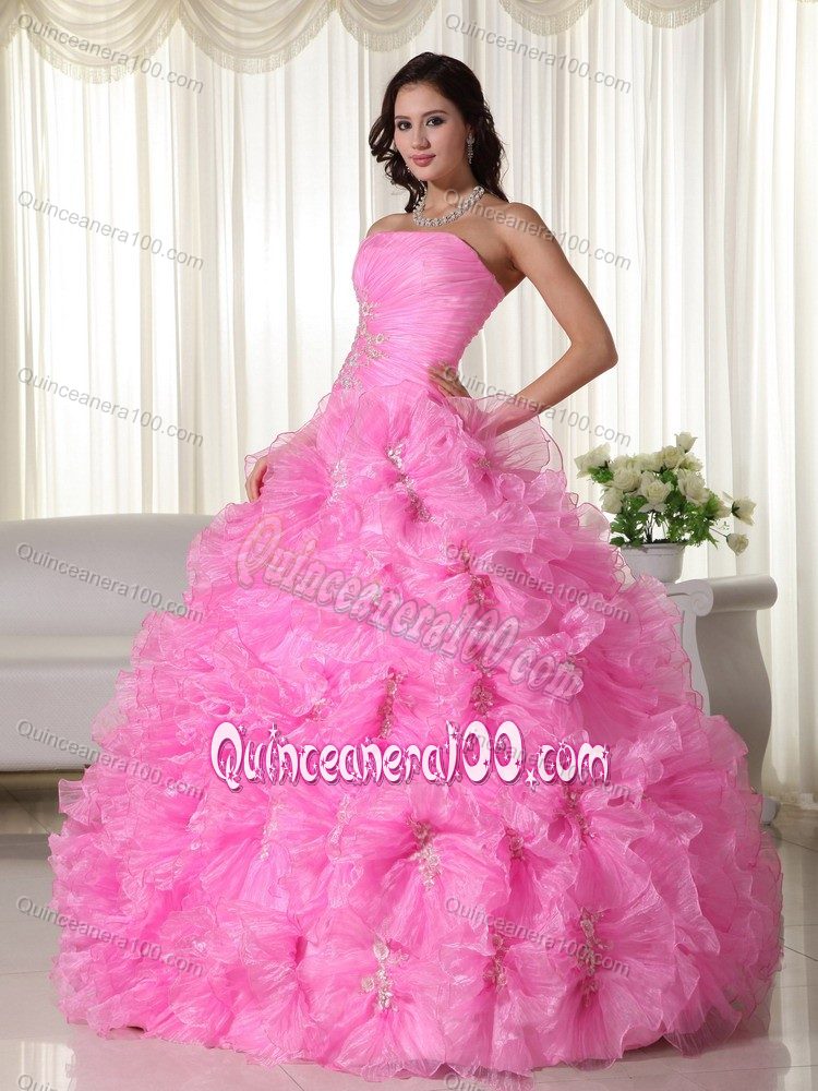 Rose Pink Strapless Appliques Quinceanera Dresses with Ruffles Plus