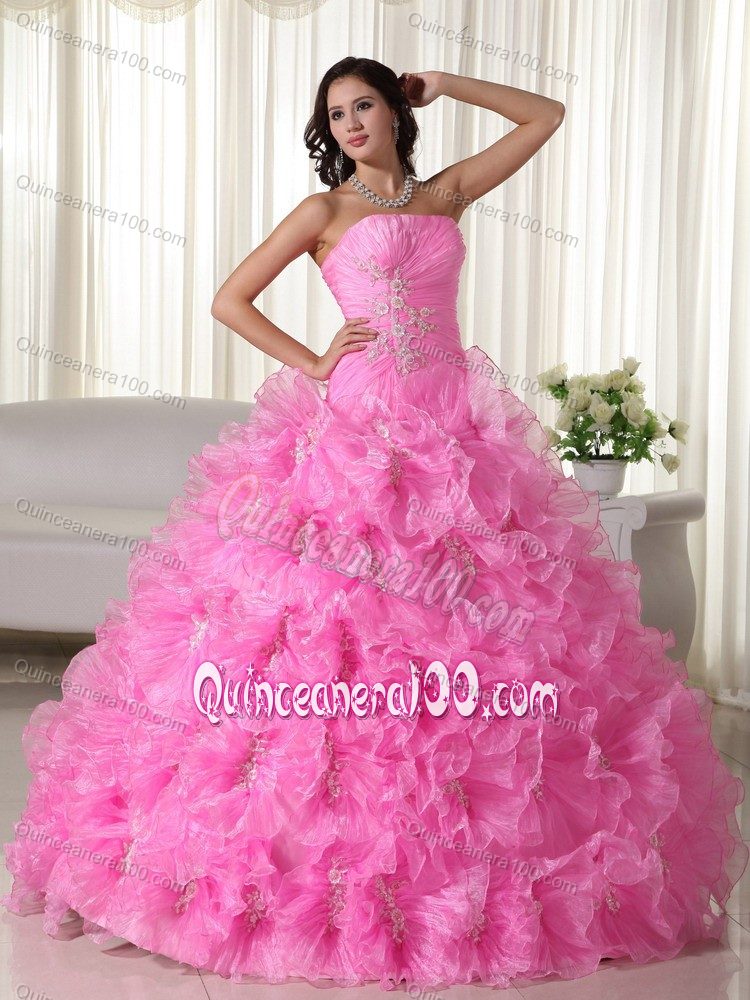 Rose Pink Strapless Appliques Quinceanera Dresses with Ruffles Plus