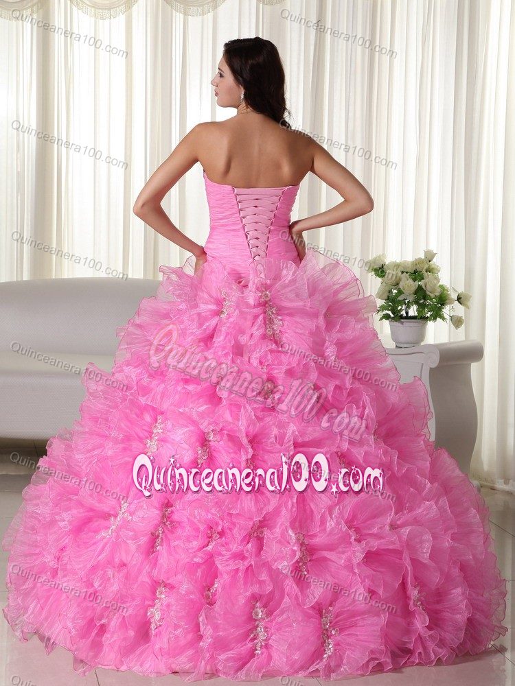 Rose Pink Strapless Appliques Quinceanera Dresses with Ruffles Plus