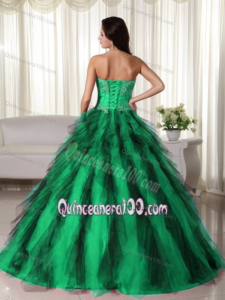 Green Ball Gown Taffeta Appliques and Ruffles Dress for Sweet 16