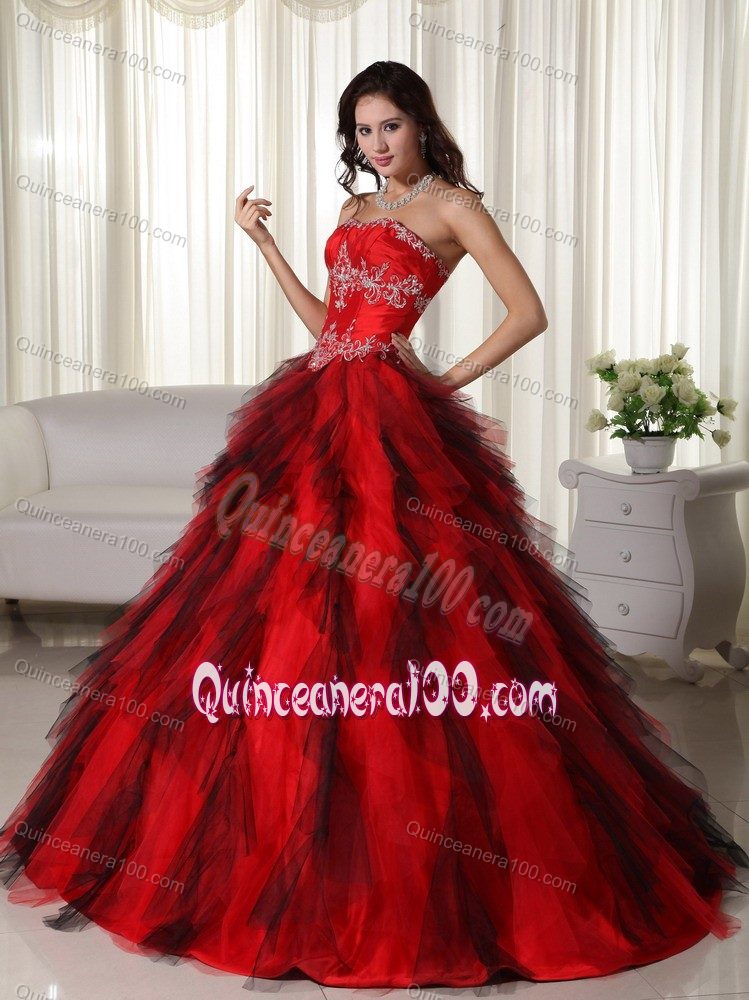 The Bachelor Elegant Red Strapless Appliques Quinceanera Dresses with Ruffles