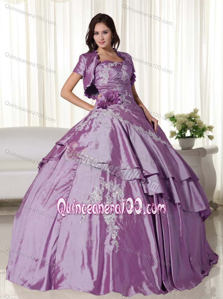 Purple Strapless Taffeta Lace up Back Appliques Quinceanera Dresses