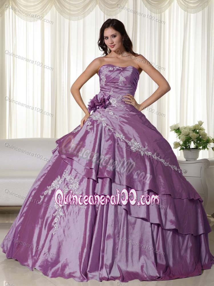 Purple Strapless Taffeta Lace up Back Appliques Quinceanera Dresses