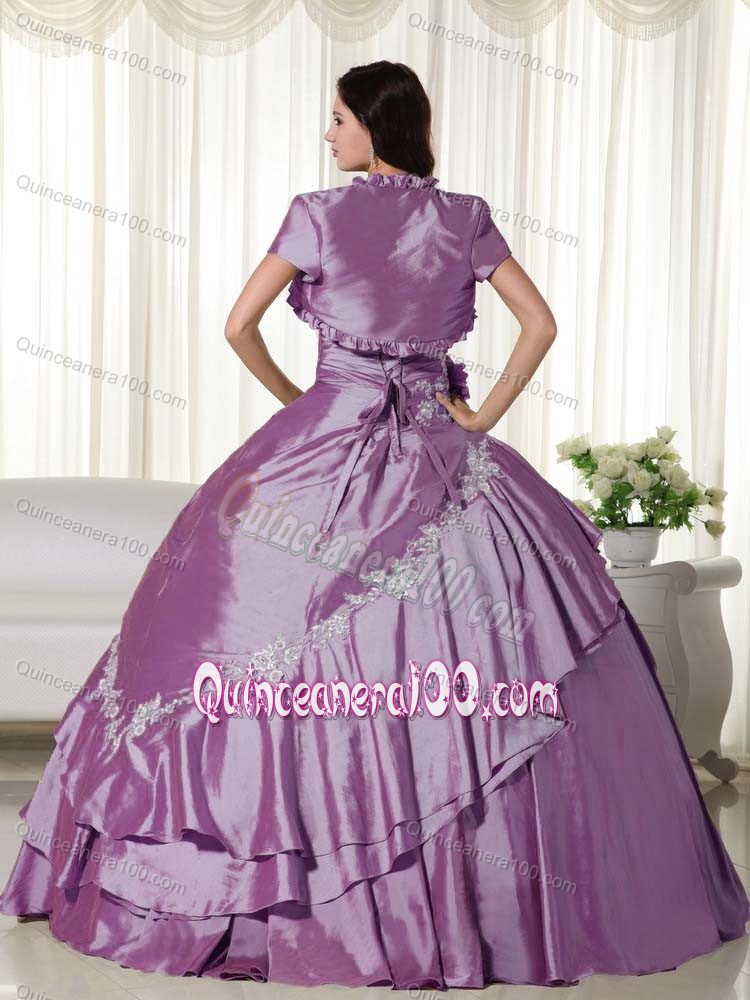 Purple Strapless Taffeta Lace up Back Appliques Quinceanera Dresses