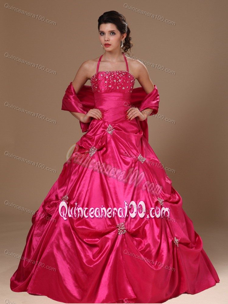 Red A-line Halter Beading Ruches and Pick-ups Quinceanera Dresses