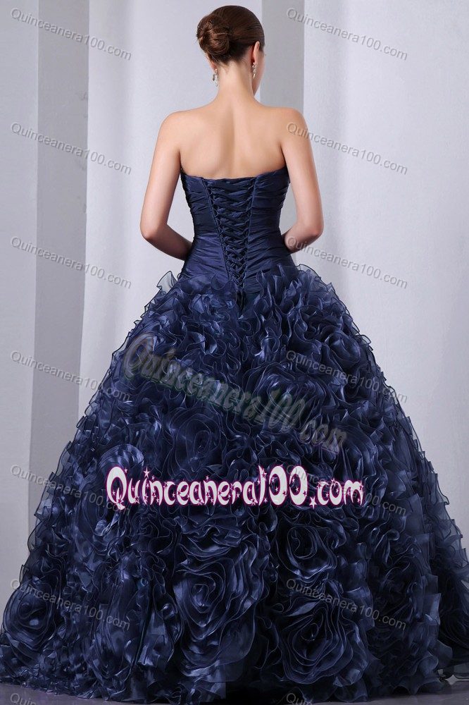 Navy Blue A-line Beaded Quinceanera Dress with Rolling Flowers