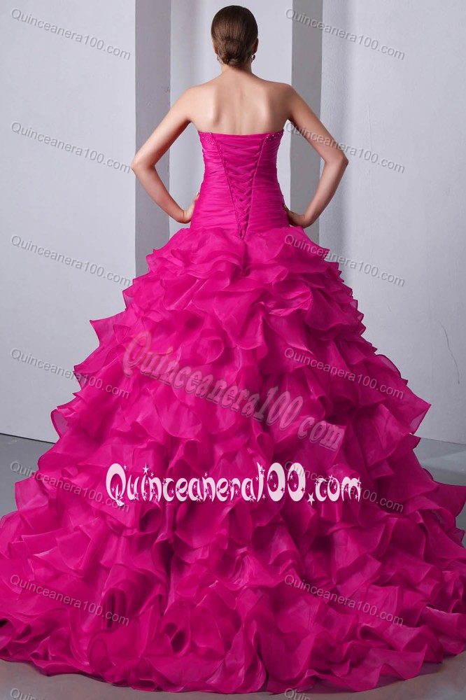 Expensive Fuchsia A-line Ruffled Beaded Quinceanera Gowns