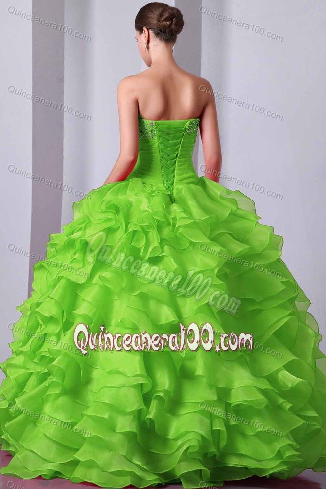 Spring Green Quinceanera Dress with Beading and Ruffled Layers