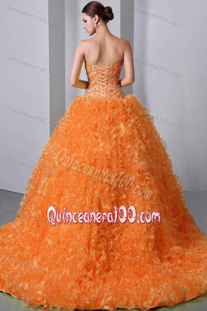 Brush Train Rolling Flowers Beaded Orange Red Quince Dress