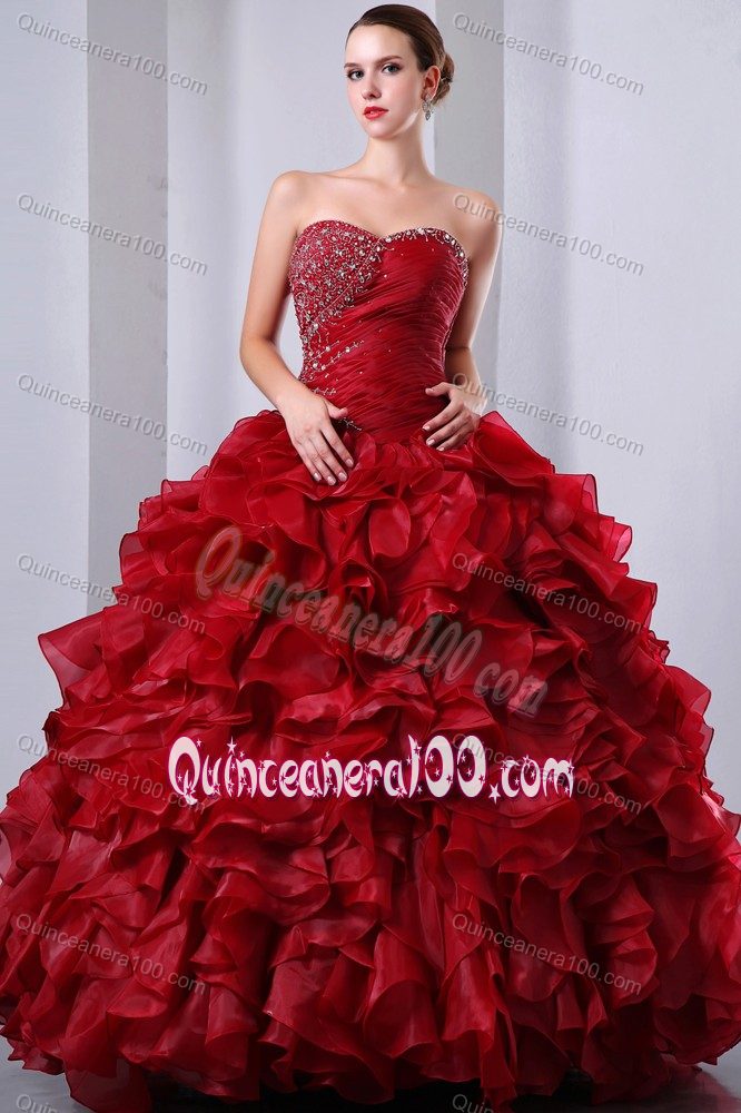 Cheap Princess Wine Red Beaded Ruffled Dresses for Sweet 16