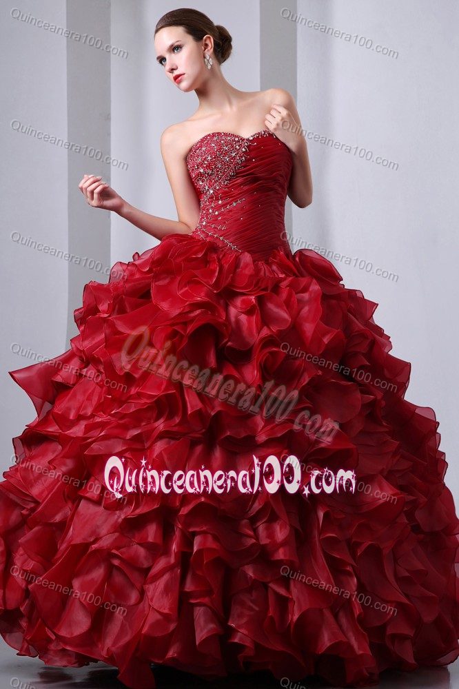 Cheap Princess Wine Red Beaded Ruffled Dresses for Sweet 16