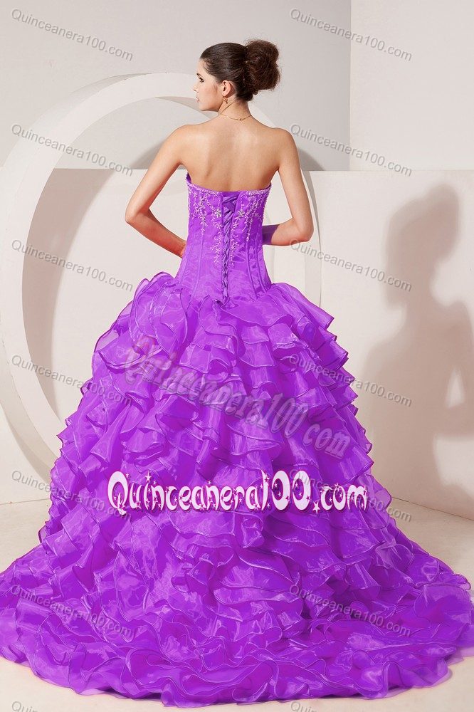 Sweetheart Brush Train Beaded Ruffled Purple Sweet 15 Dresses