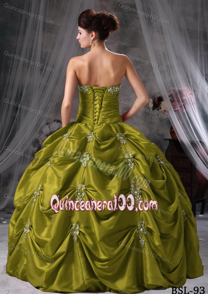 Olive Green Quinceanera Gowns with Pick-ups and Appliques