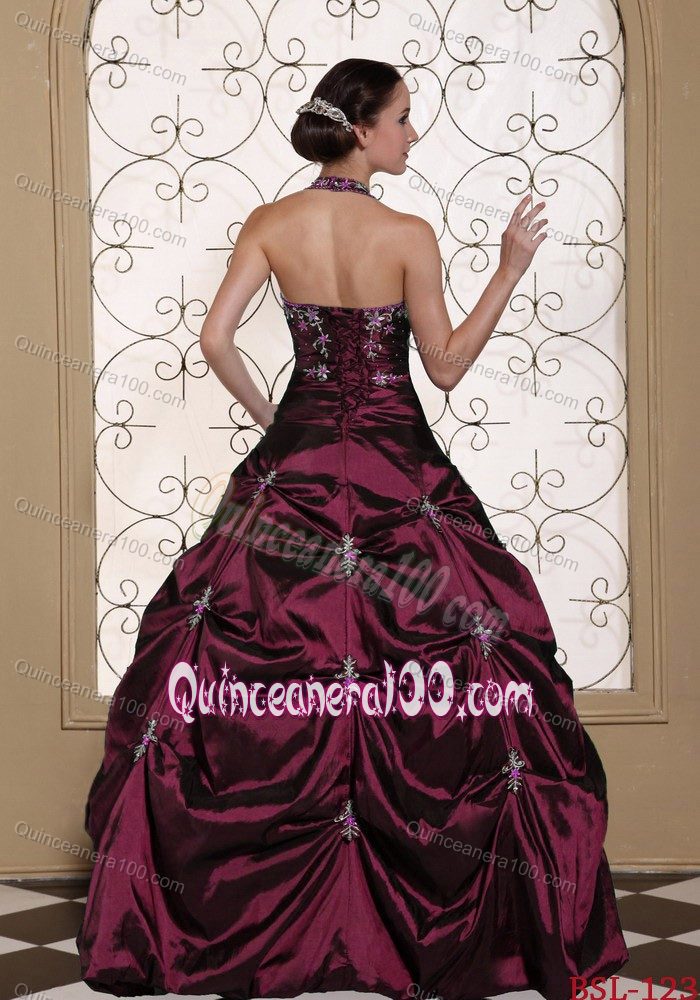 Halter Burgundy Sweet Sixteen Dress with Beading Embroidery