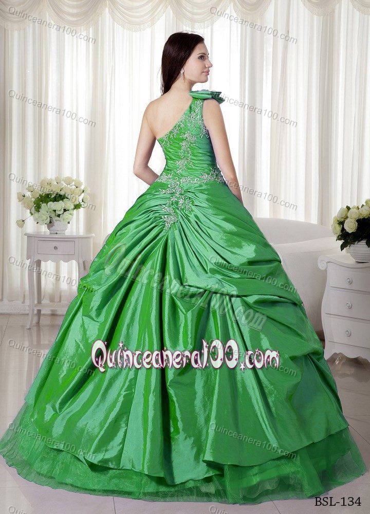 Modest Appliqued One Shoulder Green Quinceanera Party Dress