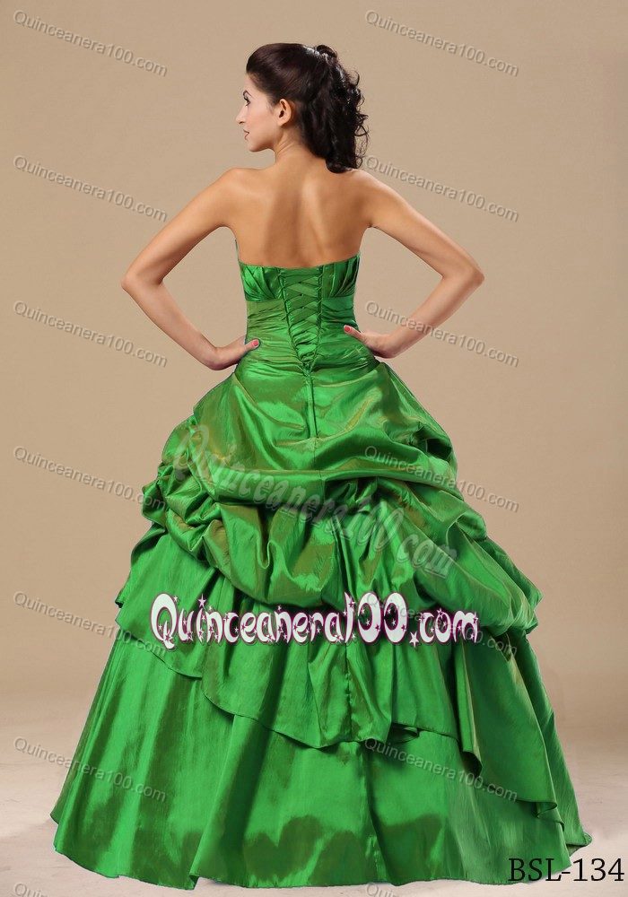 Brand New Taffeta Pick-ups Appliqued Green Quinceanera Dress