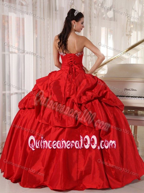 Traditional Pick-ups Beaded Red Quinces Dresses for Wholesale