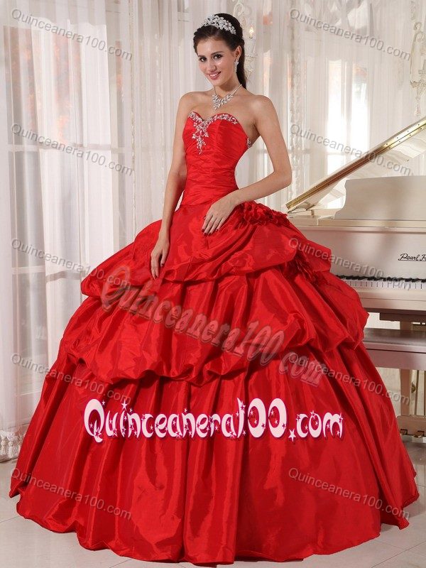 Traditional Pick-ups Beaded Red Quinces Dresses for Wholesale