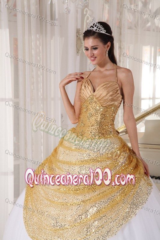 2012 the Best Halter Sequins Gold and White Sweet 15 Dresses