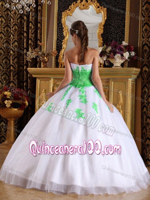 Appliqued White and Spring Green Ball Gown Dress for Sweet 15