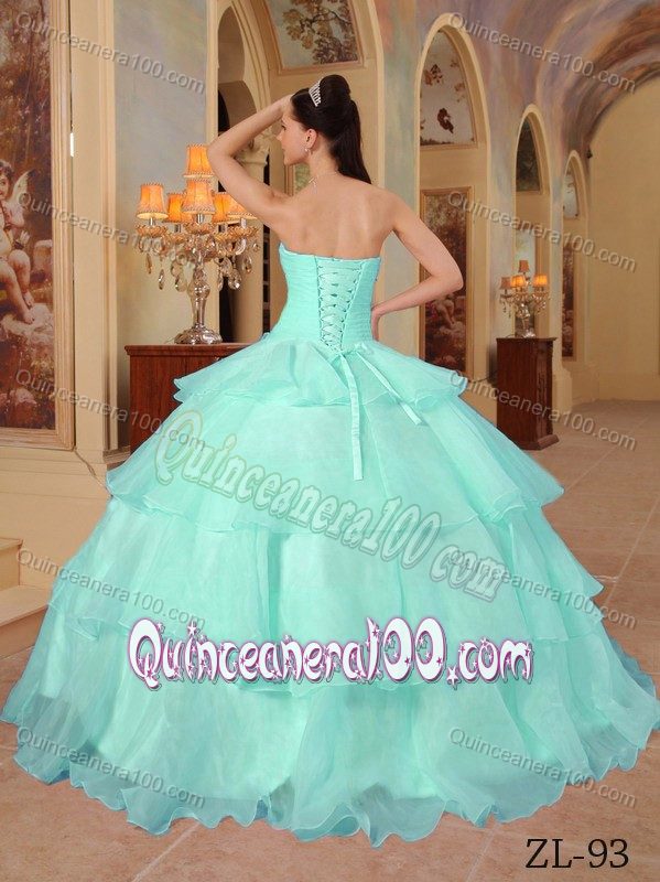 Sweetheart Aqua Blue Beaded Ruffled Quinceanera Party Dress