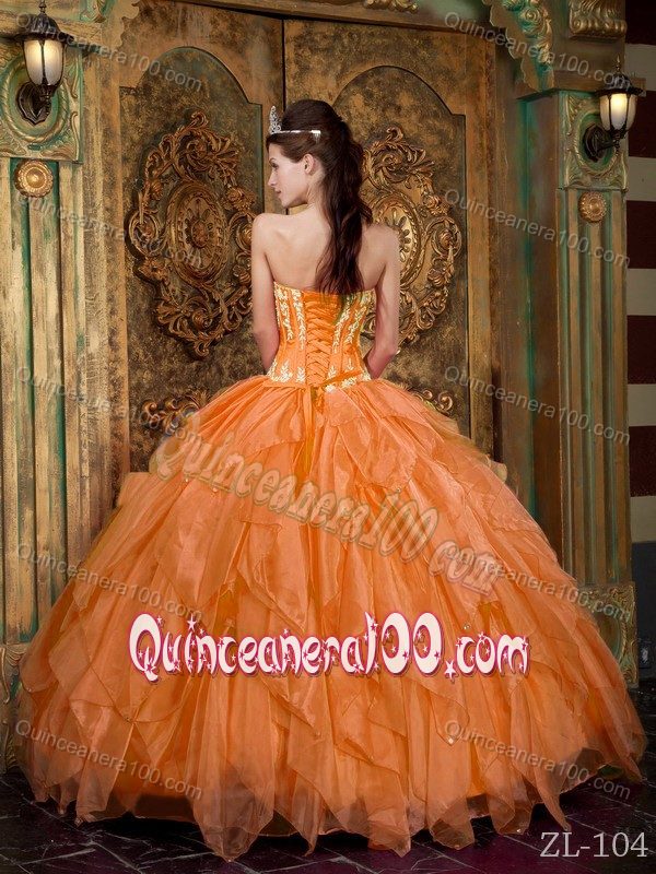 Strapless Orange Dresses for a Quinceanera with White Appliques