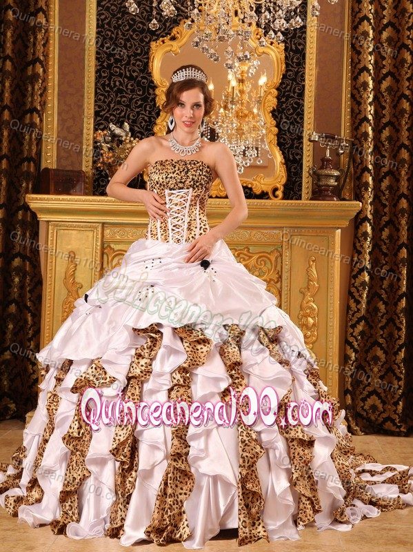 Colorful Court Train Leopard Print Corset Quinceanera Dresses