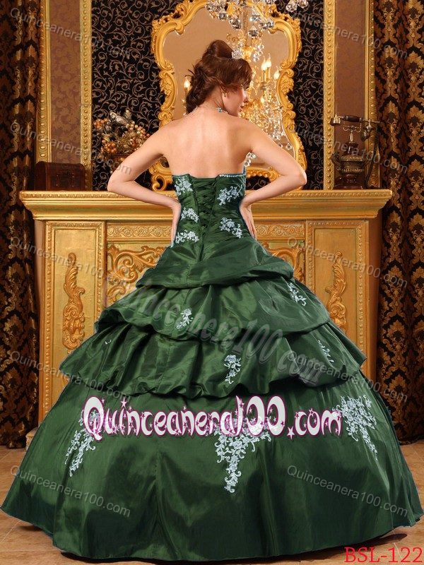 Gorgeous Hunter Green Quinceanera Gowns with White Appliques