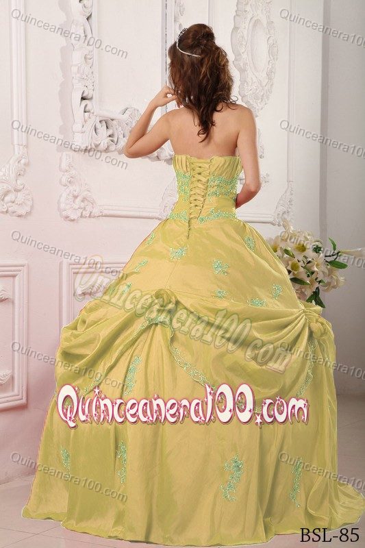 Cheap Strapless Gold Quince Dress with Appliques and Flowers