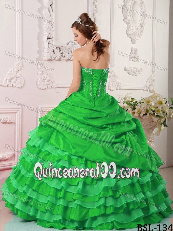 Green Strapless Sweet 16 Dress with Beading and Ruffled Layers