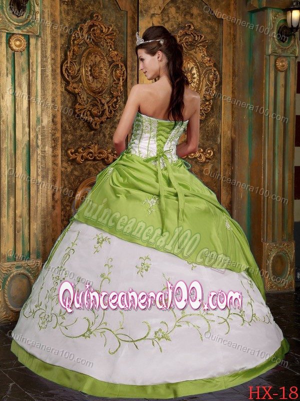 Brand New Embroidery Yellow Green and White Sweet 15 Dress