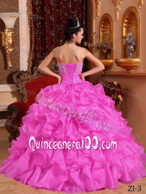 Rose Pink Ruffles Sweet Sixteen Dresses in Organza with Appliques