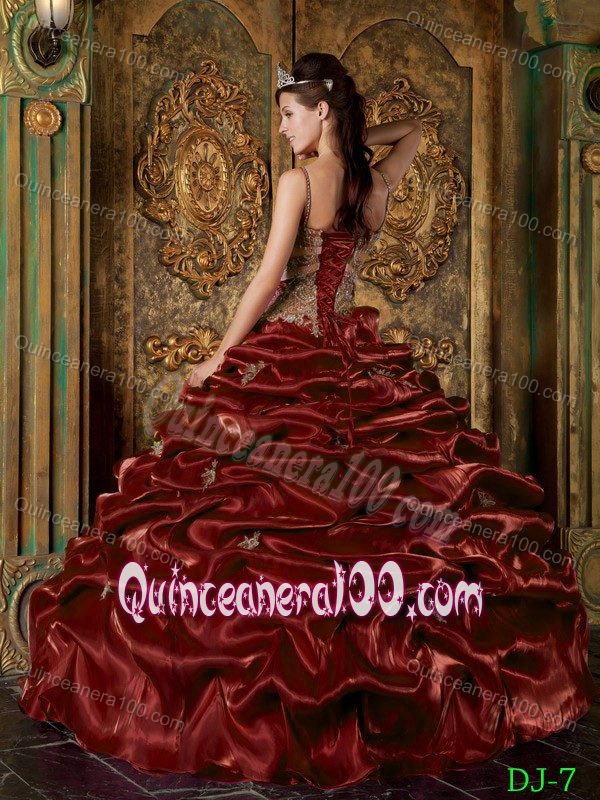 Special Wine Red Spaghetti Straps Quinces Dresses with Pick-ups