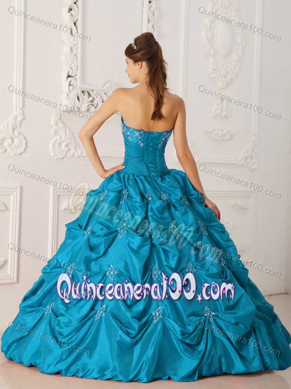 Teal Ball Gown Pick-ups Dresses for a Quinceanera with Appliques