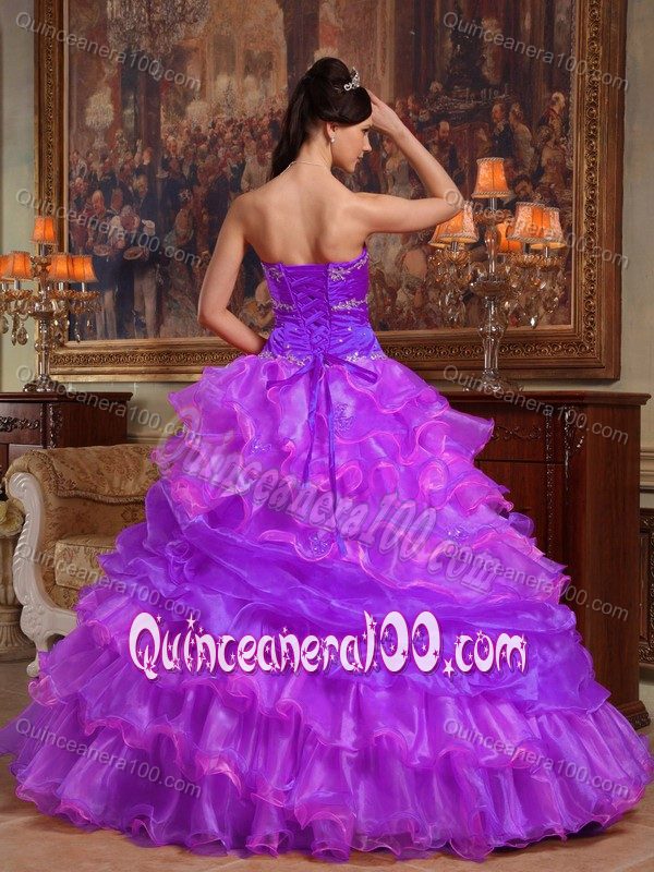 Inexpensive Purple Appliques Quinceanera Gown with Ruffled Layers