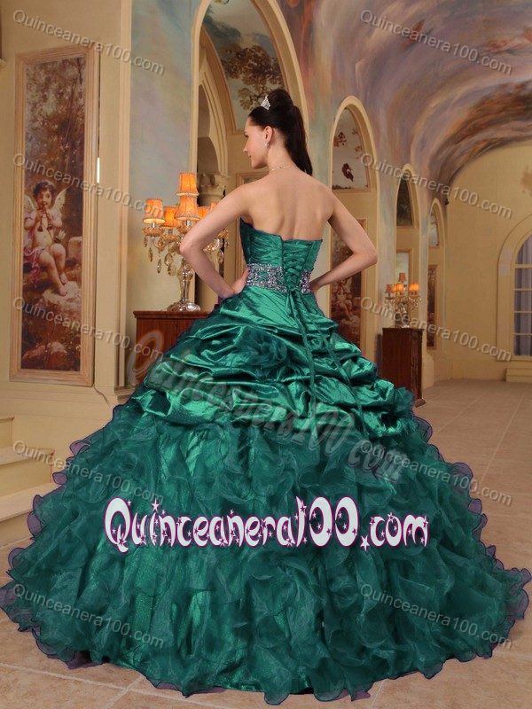 New Beaded Dark Green Quince Dresses with Pick-ups and Ruffles