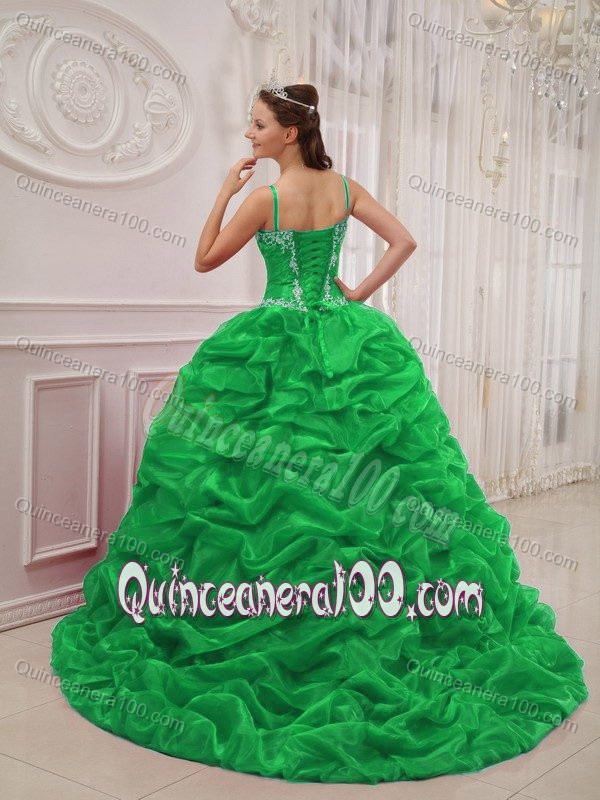 Spring Green Pick-ups Straps Taffeta Quince Dress with Brush Train