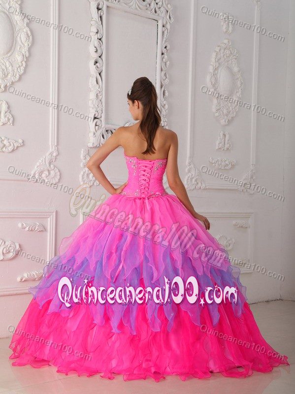 Multi-Colored Ruffles Beaded Sweetheart Sweet 15 Dress in Organza